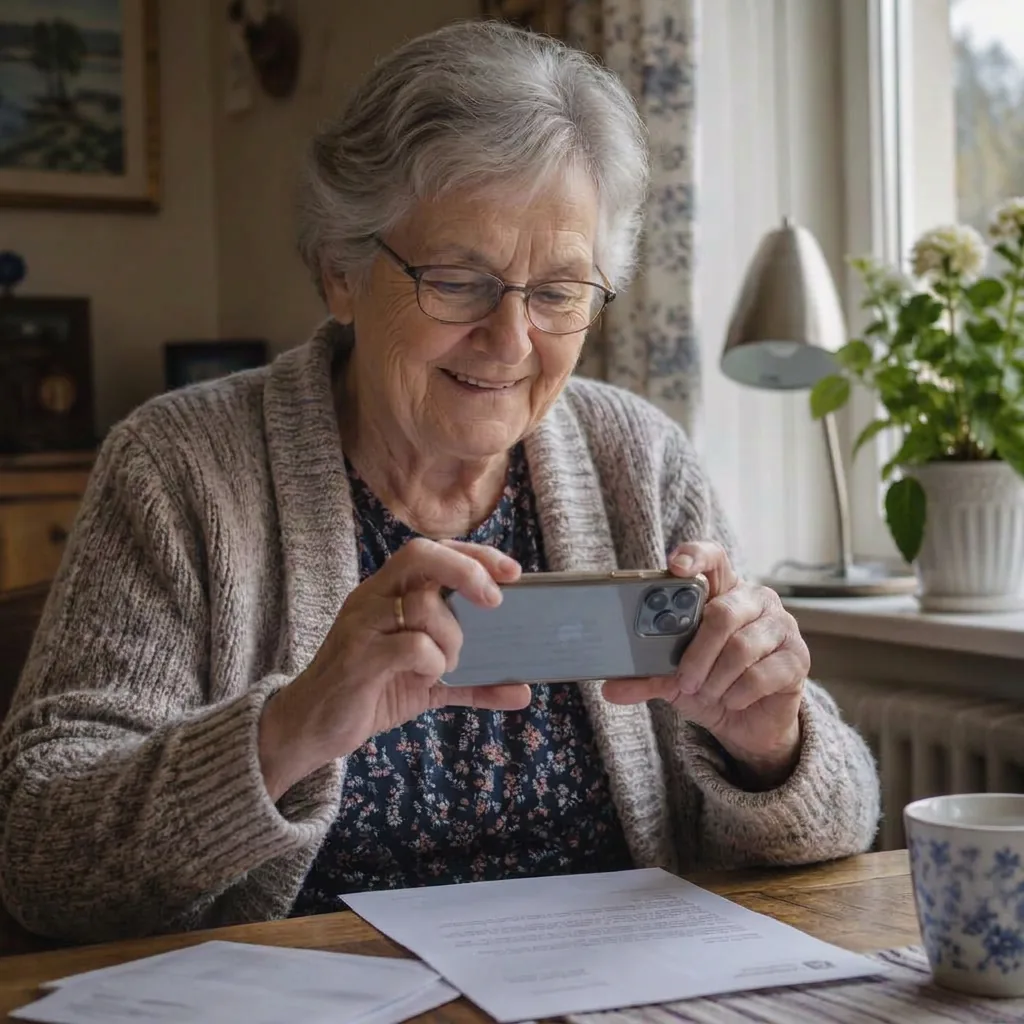 Äldre kvinna fotograferar ett brev från kommunen med sin mobil