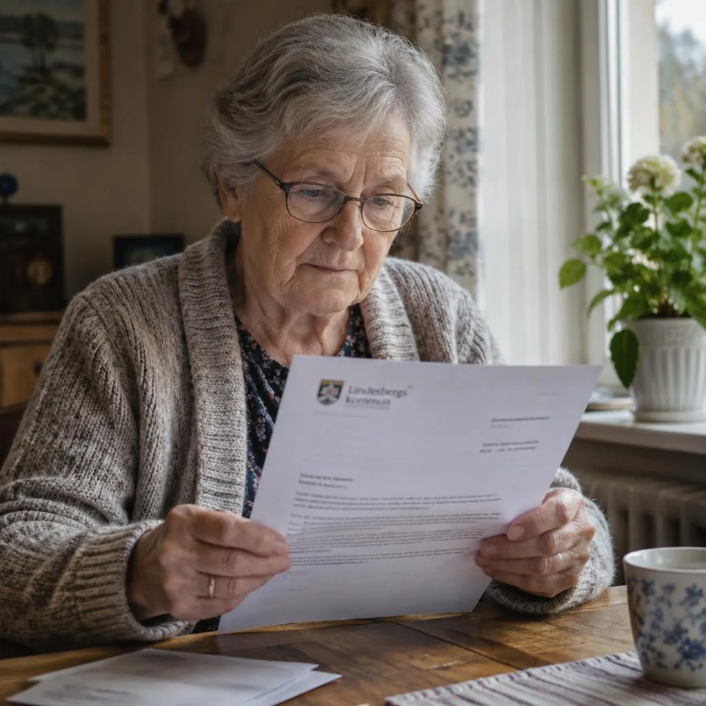 Äldre kvinna läser ett brev från kommunen vid köksbordet