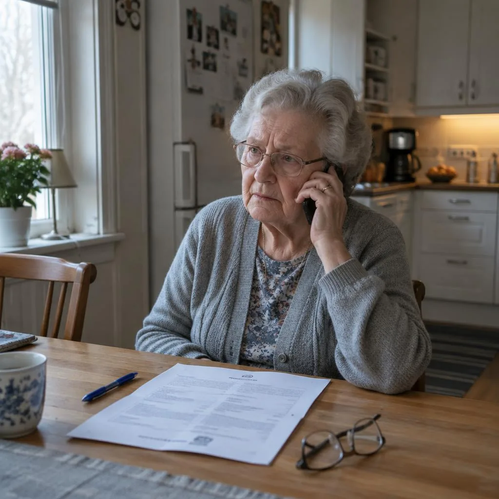 Britt ringer kommunen med brevet framför sig