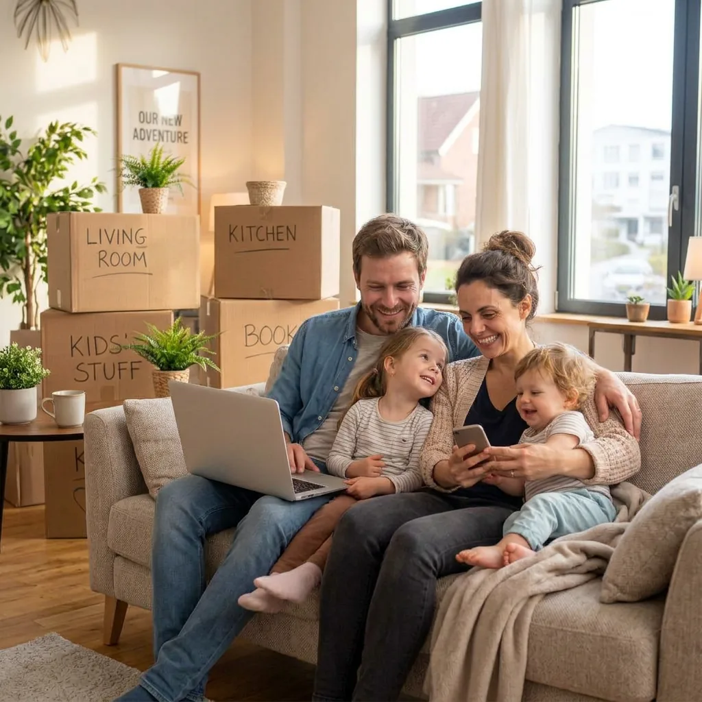 Familj i soffan med laptop och mobil, flyttkartonger i bakgrunden