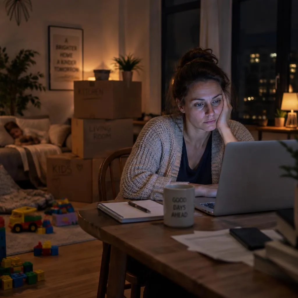 Förälder sent på kvällen framför laptopen, flyttkartonger och leksaker runt