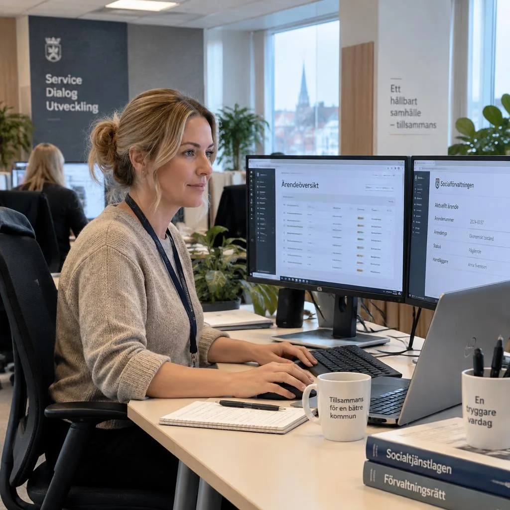 Kommunal handläggare vid sitt skrivbord med ärendesystem på skärmen