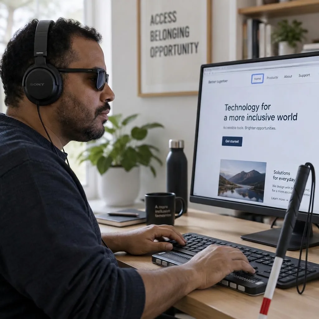 En person med synnedsättning använder sin telefon med uppläsning